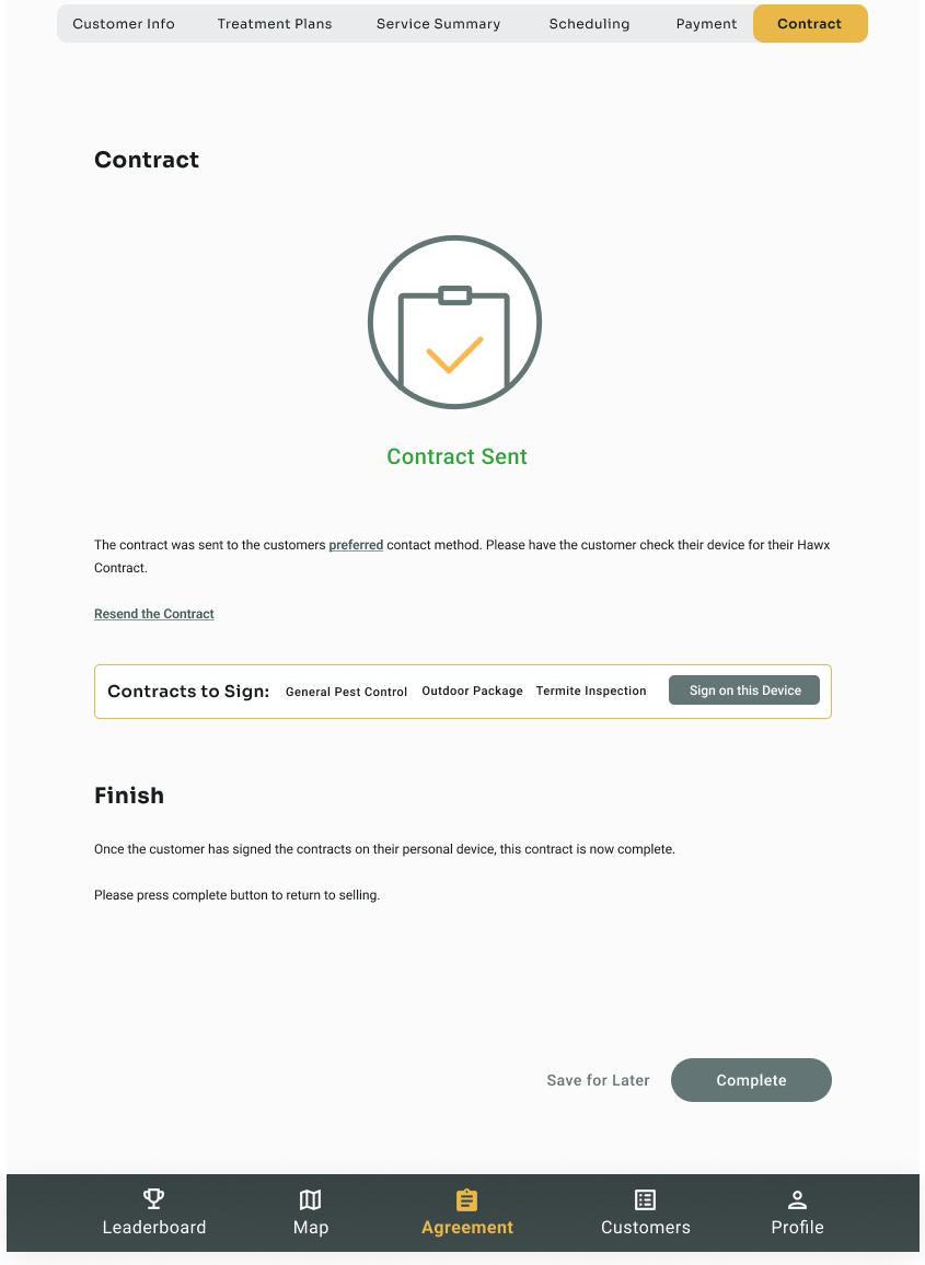 Contract sent confirmation screen