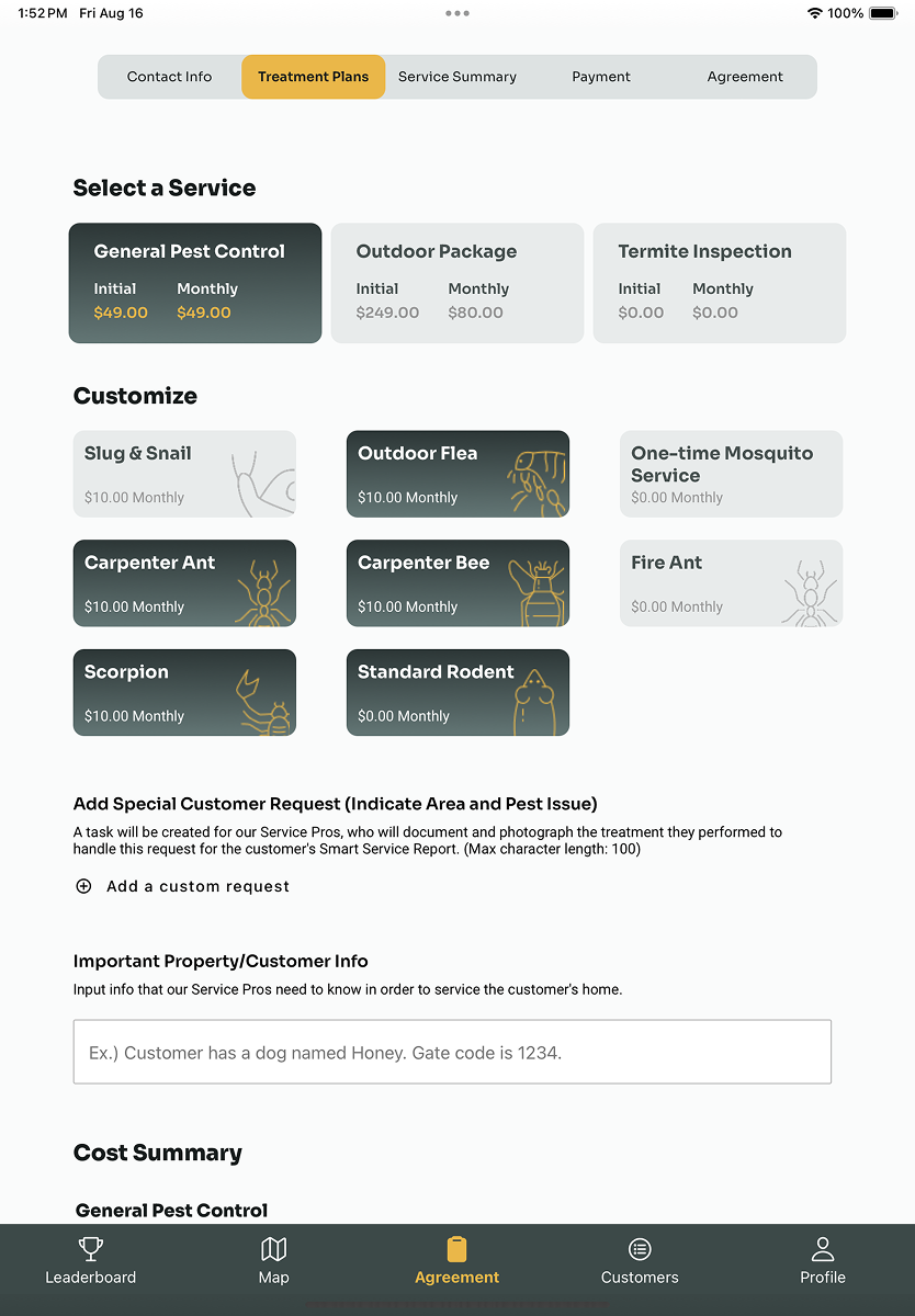 Treatment plan selection screen with service tiers