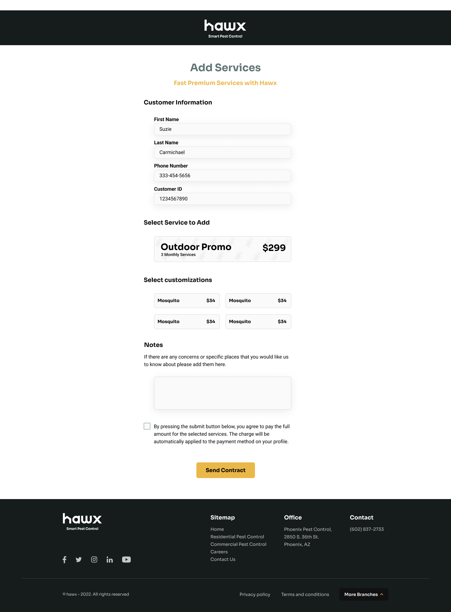 Add services screen with service types, customizations, and pricing options
