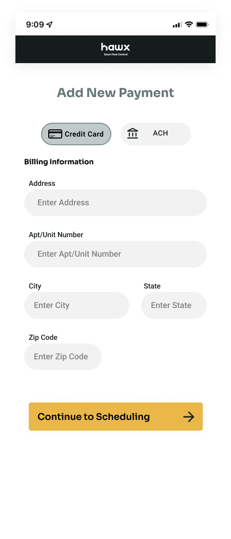 Billing information entry with address, city, state, and zip code