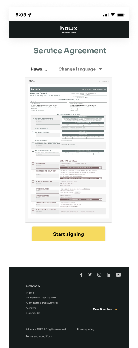Service agreement document open with PandaDoc and Start signing button