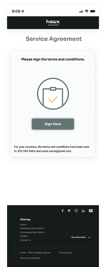 Service agreement sign prompt with Sign Here button