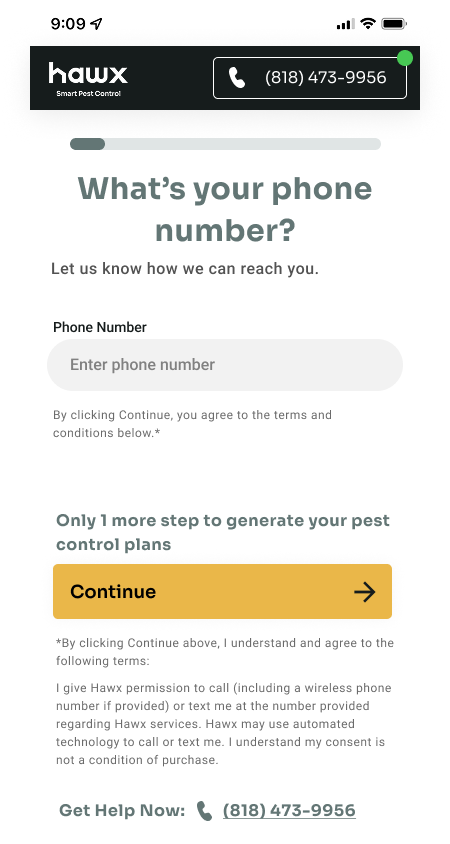 Phone number entry screen with terms and conditions